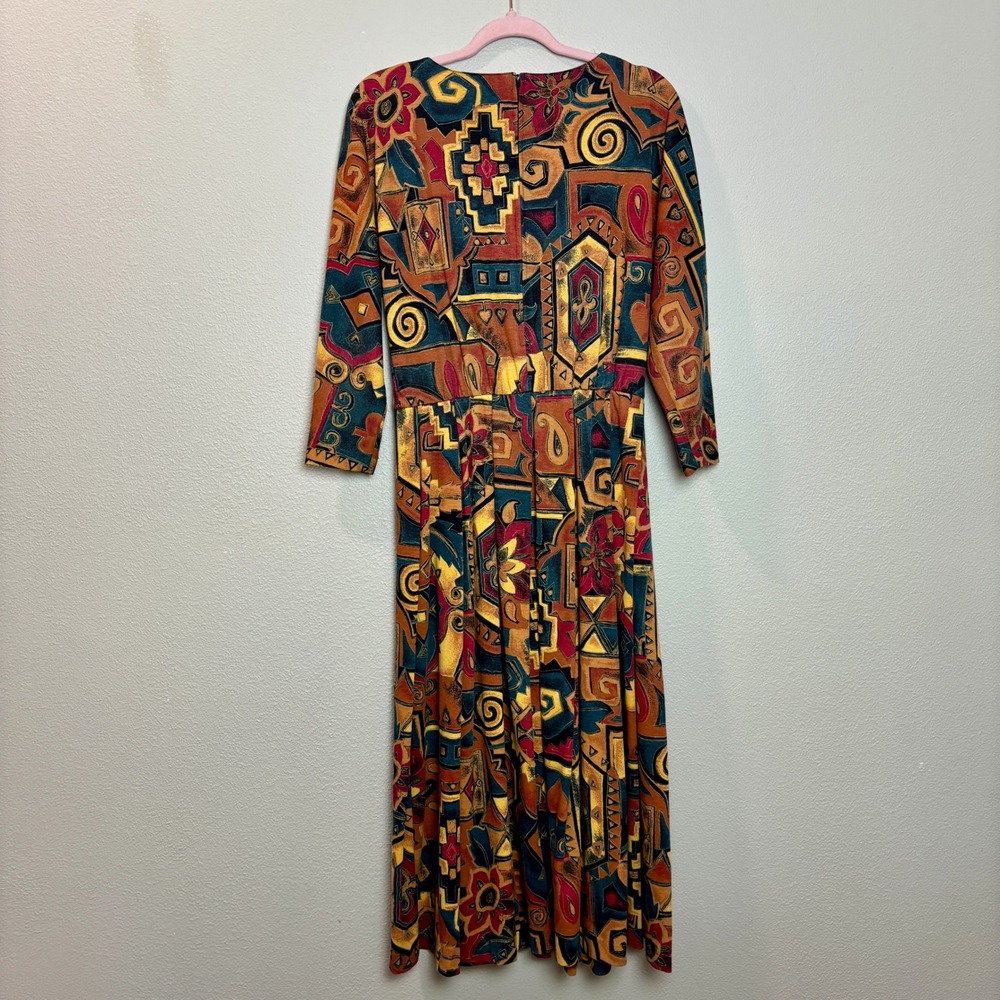 Sabino Vintage 80s Midi Dress Abstract Print Belted Long Sleeve Size 6 Bohemian - Picture 8 of 16